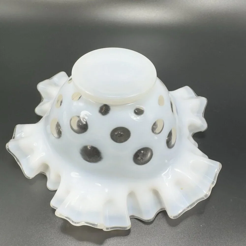 Fenton White Opalescent‎ Clear Coin Dot Ruffled Edge Glass Bowl Dish Vintage